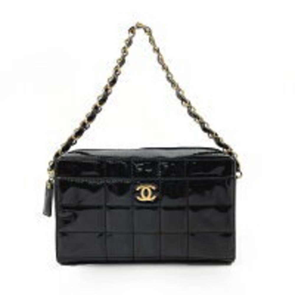 CHANEL Chocobar Chain Shoulder Bag Black Patent Leather